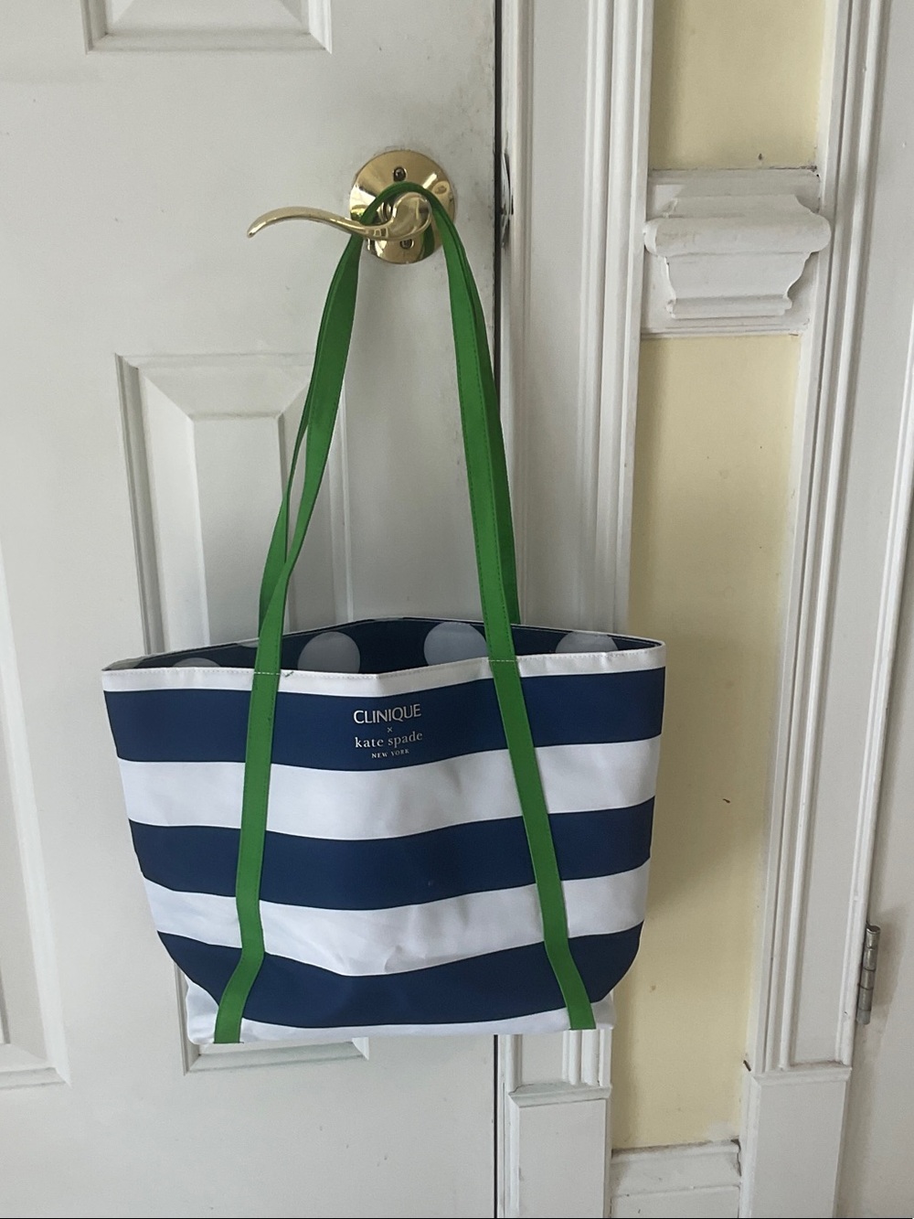 Kate Spade Navy & White Striped Tote with Green Straps